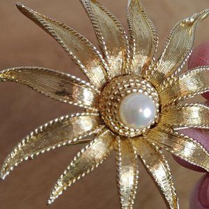 Vintage Marcel Boucher Brooch #7441 Gold Floral with Faux Pearl Center
